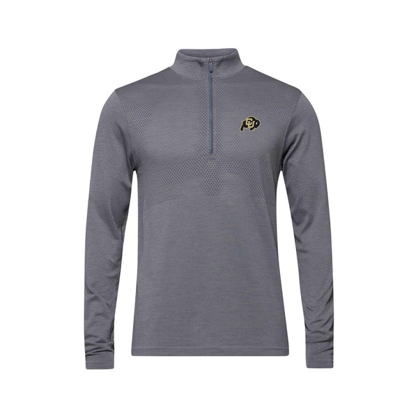 A gray lululemon half zip with small dotted details and the Colorado Buffaloes logo on the left corner of the chest.